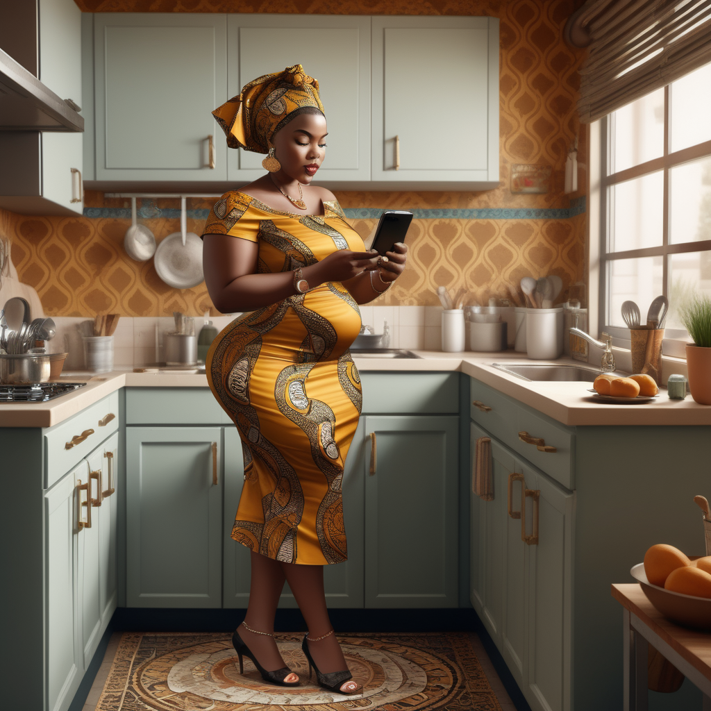 A full body realistic image of a  curvy stylish female wearing african brocade dress with headtie wearing flat shoes  there is a dishes around kitchen sink and she is cooking and her phone is on the counter and a calendar on the wall  her kids are by her side 