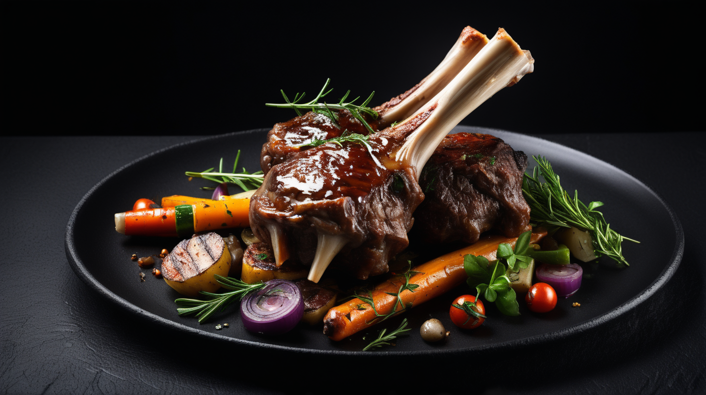 Grill lamb shank with herbs and vegetables, black background 