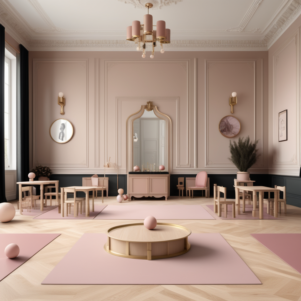 A hyperrealistic image of a palatial modern Parisian Montessori-inspired class in a beige oak brass colour palette with accents of black and dusty rose
