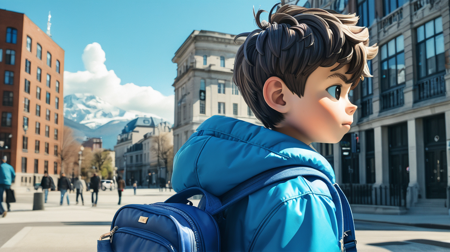 boy with a blue jacket and a blue bag on his back. show buildings behind him. show the boys face.