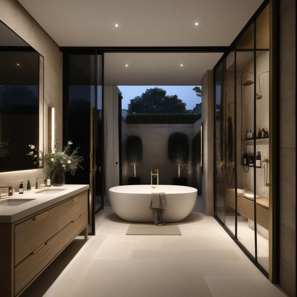 hyperrealistic of an elegant modern Parisian bathroom at night with limestone flooring; large glass doors overlooking the private courtyard with garden beds and limestone flooring; vanity table; glass double shower; curtains; mood lighting; beige, oak, brass and accents of black colour palette; modern brass pendant light --no neighbour houses
