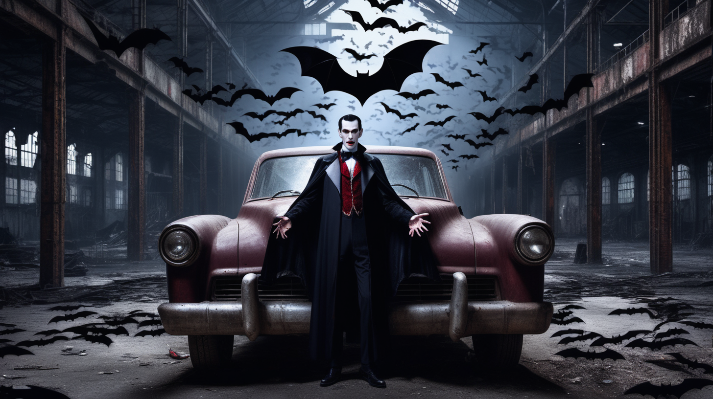 Dracula in an abandoned car factory with bats
