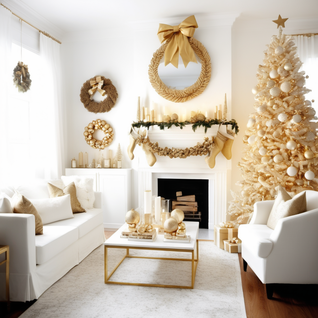 christmas coasy living room white and golden