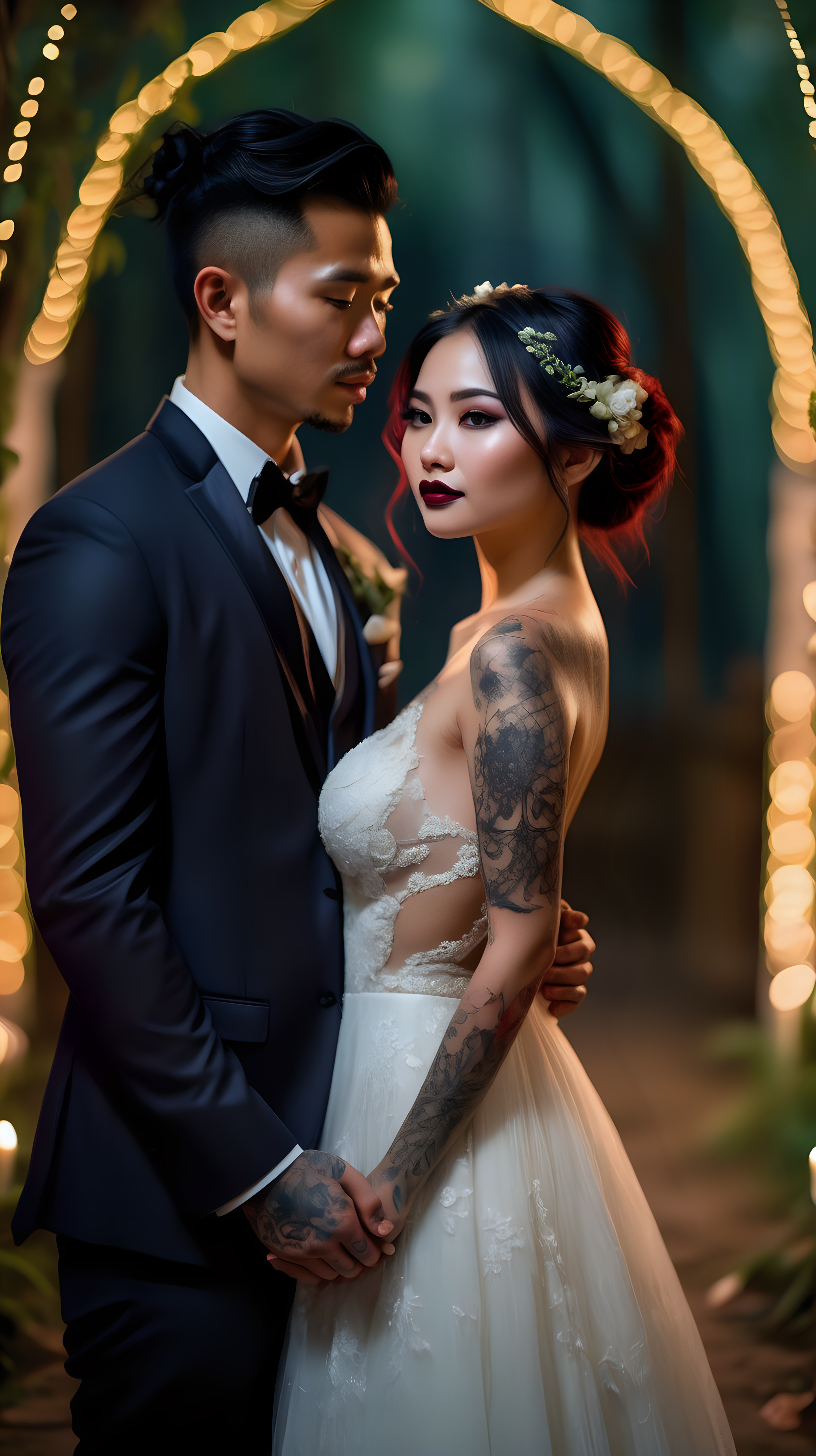 Beautiful Vietnamese woman, body tattoos, dark eye shadow, dark lipstick, hair in a messy updo, wearing a gorgeous wedding dress, bokeh background, soft light on face, stand at a beautiful archway, holding hands with handsome husband, in front of elaborate candlelit forest wedding, photorealistic, very high detail, extra wide photo, under the moonlight 