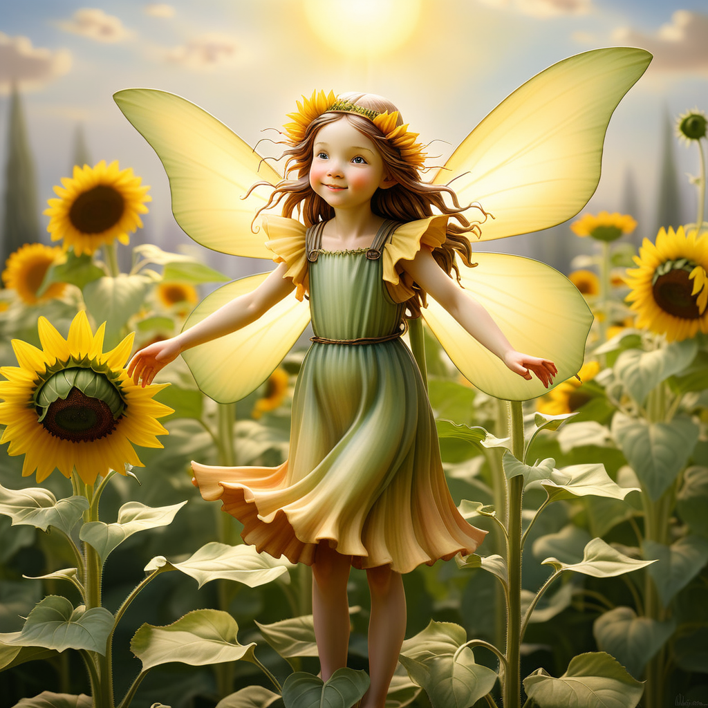 Create a fairy standing tall among sunflowers radiating