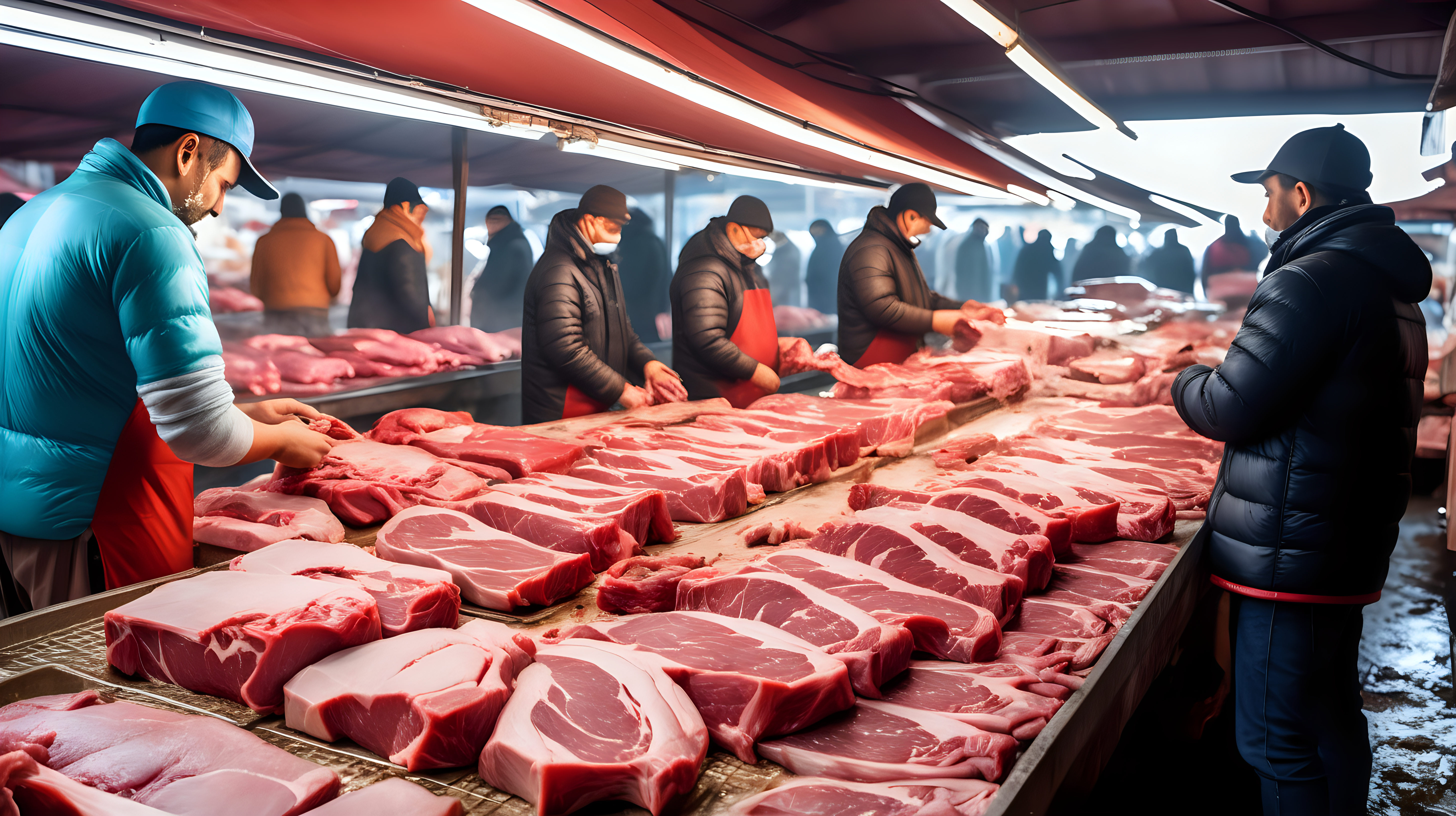 people choose fresh meat from local market