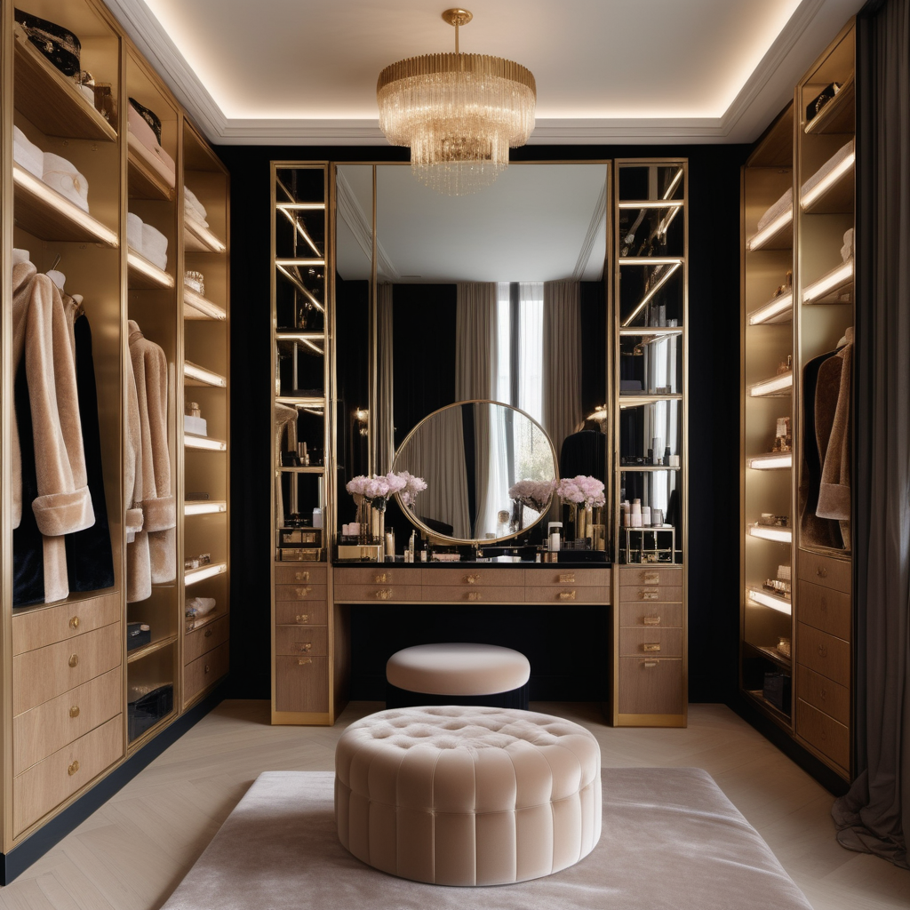 hyperrealistic image of modern Parisian home beauty and dressing room with vanity table with lights and velvet chair, brass shelving with beauty products, floor to ceiling windows, full length mirror, silk dressing gown hanging on the wall, elegant hat boxes, in a beige, oak, brass and black colour palette