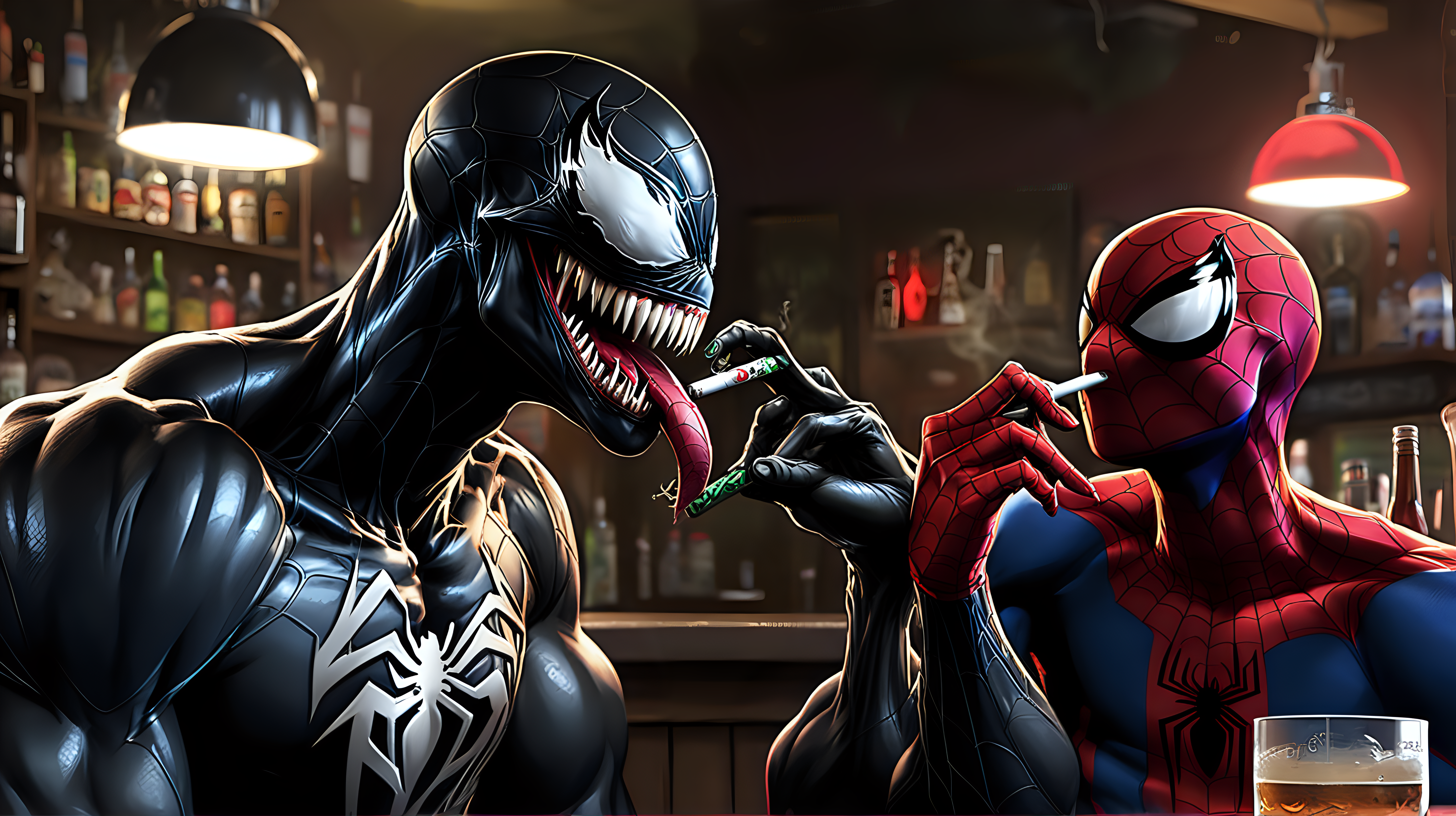 Venom smoking a joint at a bar with Spiderman