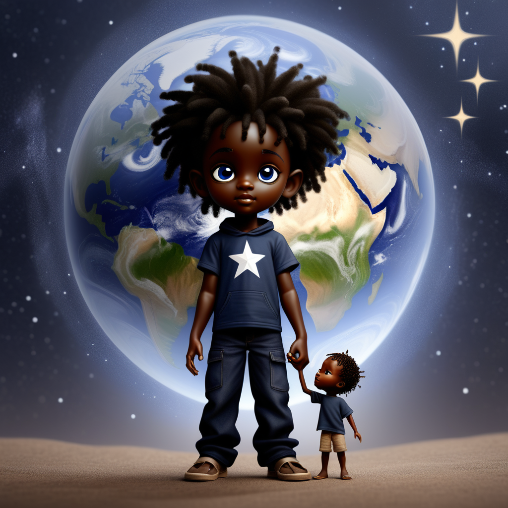 prompt: a black indigo child helping the world with a black star seed child standing by his side helping 