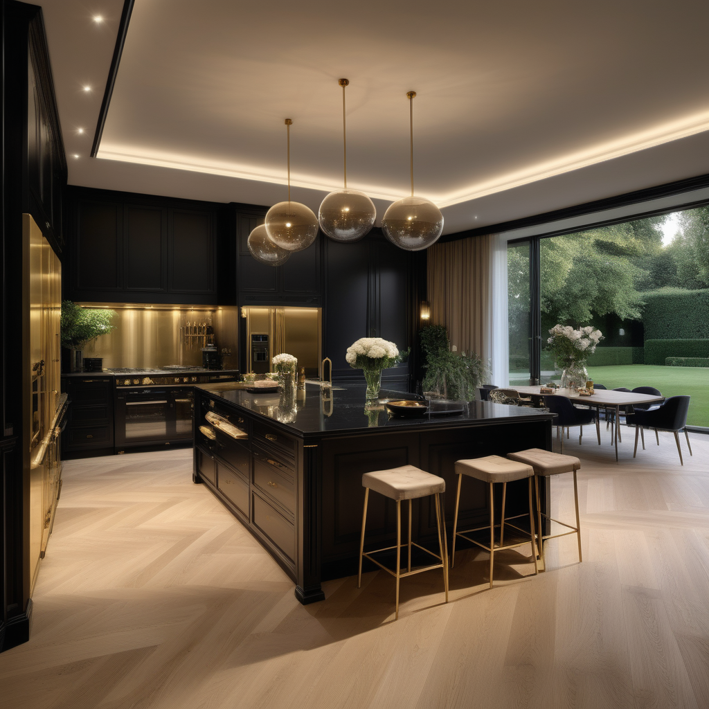 hyperrealistic of an elegant, paltial modern Parisian kitchen with large double island at night; oak flooring; floor to ceiling windows with a view of the sprawling lush gardens; curtains; mood lighting; beige, oak, brass and black colour palette; mostly beige; modern brass pendant light; 
