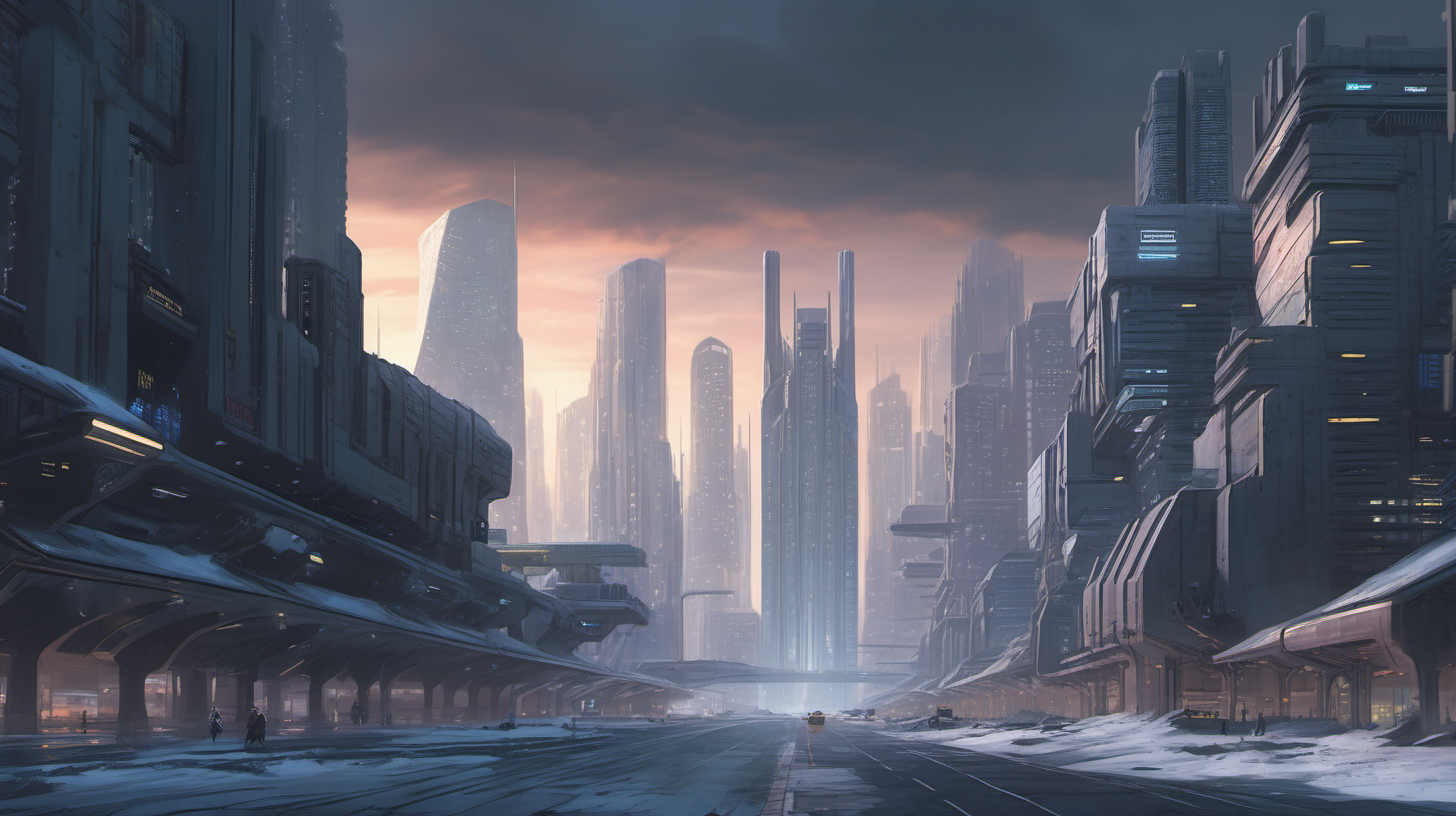 A deserted large futuristic city in winter at dusk, at ground level, skyscrapers all around, a cloudy sky, a street stretching into the distance.