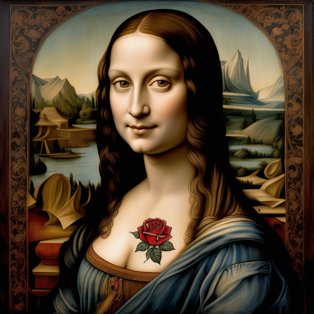 /imagine prompt: An enchanting portrait by Leonardo da Vinci, featuring a woman with rose tattoos on her body and a mysterious smile, same as Monalisa painting, wearing flowing robes adorned with intricate patterns, this Monalisa is a full tattooed woman,  her gaze captivating and enigmatic, surrounded by soft, diffused lighting, artwork, oil painting on canvas, –ar 16:9 –v 5 -iw 2