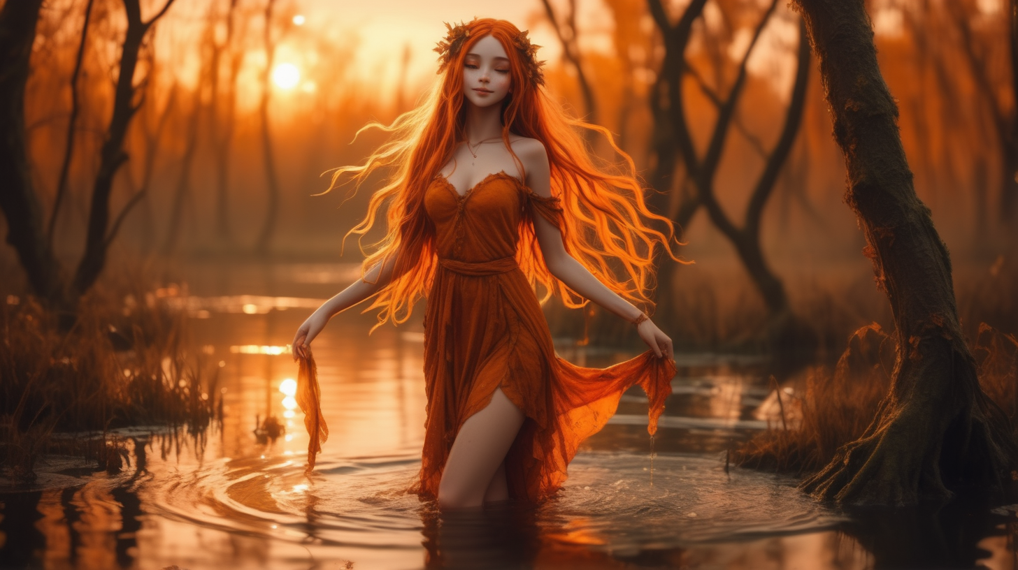 Orange sunset themed beautiful cute comforting shy dryad