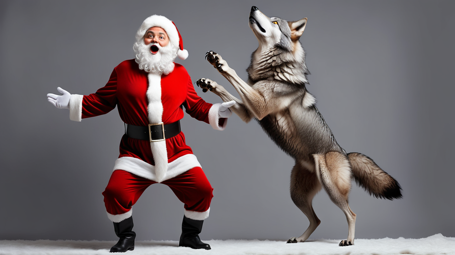 Santa Claus dressed up as a gray wolf