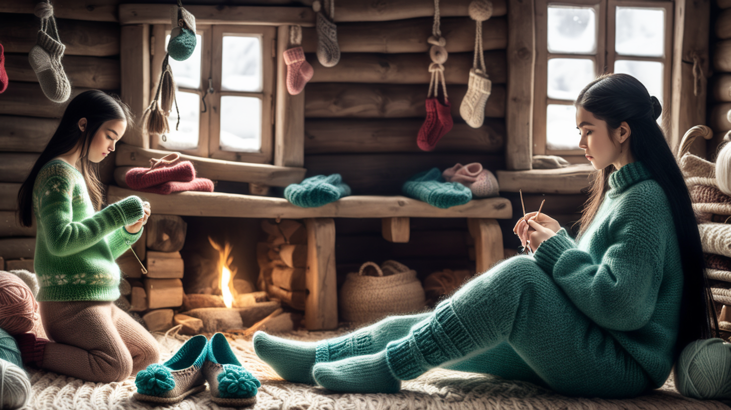 Inside old wooden house near stone firing place young hot village women with long black hair and green eyes knitting . Wearing handmade sweater, socks, bodice, Crochet slippers, Knitted socks,  around her hand knitted crochet slippers, hand knitted socks, Women Slippers, Winter socks, House Shoe | eBay
Crochet knitted slippers. Near big firing place.Wearing tradional clothing. Winter , snow.