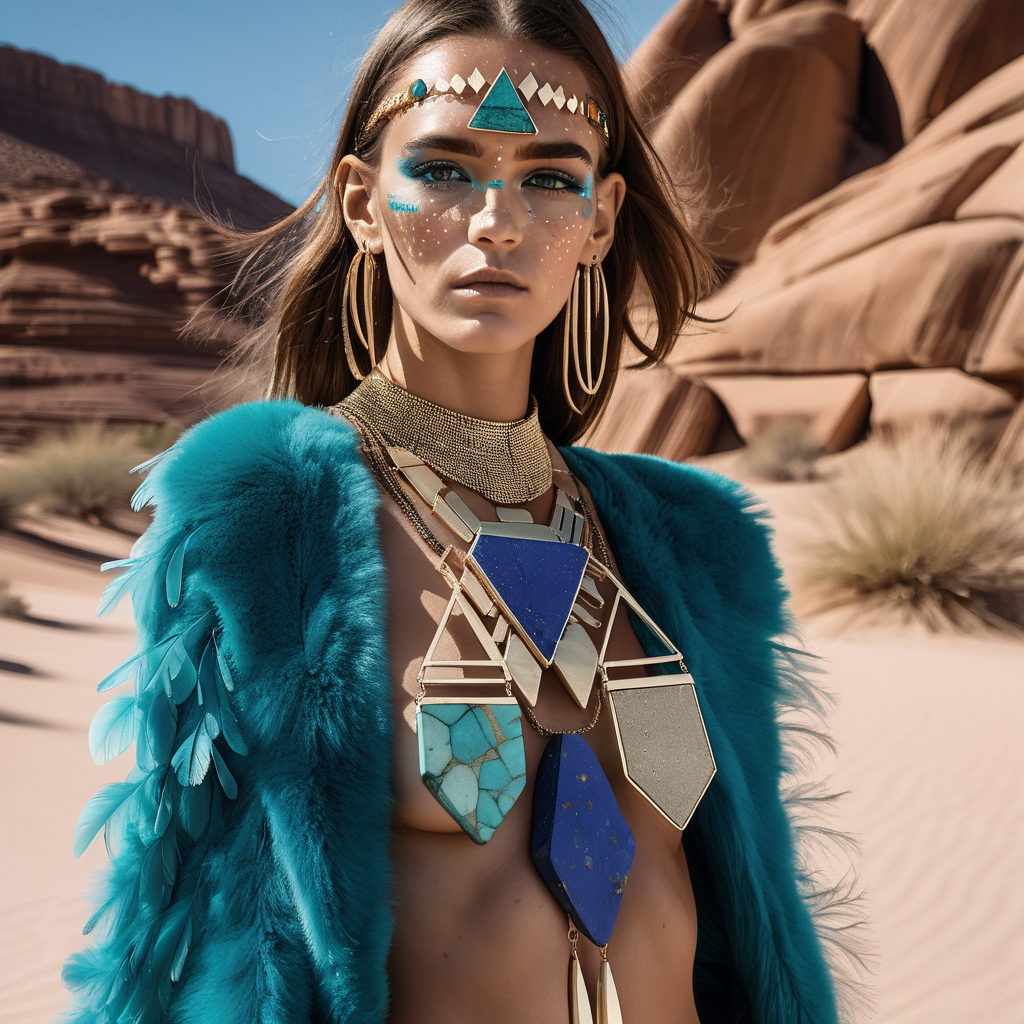 Setting: flatiron and desert rock formation
Who: boho woman visible from head-to-toe with freckles, tribal gold makeup in geometric shapes, minimal clothing with feather and fur
What: Modeling a necklace made of chrysocolla, lapis lazuli, pyrite and gold necklace with long matching earrings