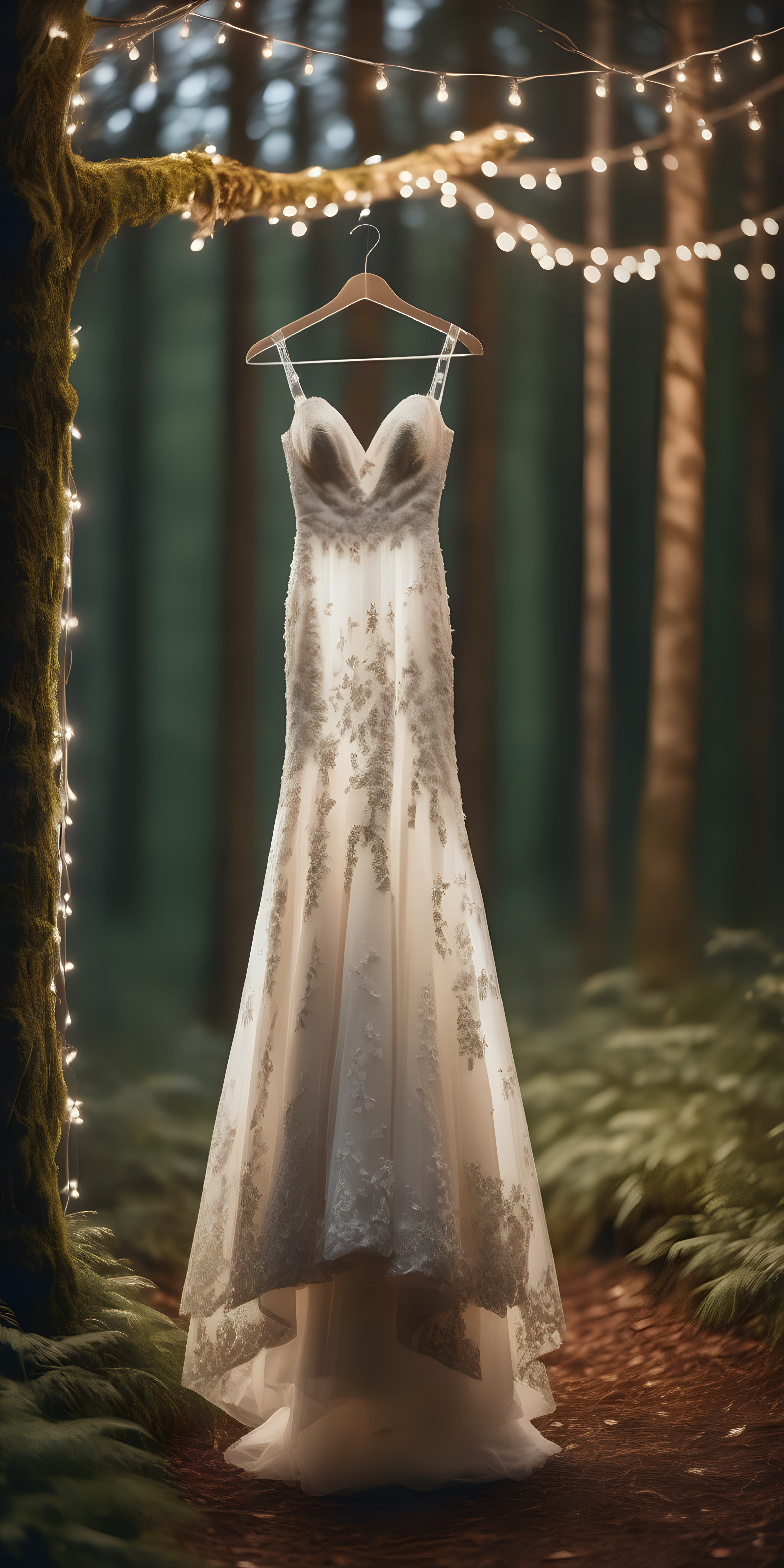 Gorgeous wedding dress on a clothes hanger, hung on a tree, surrounded by lights, bokeh background, in a beautiful forest wedding,  ultra high detail, straight on shot