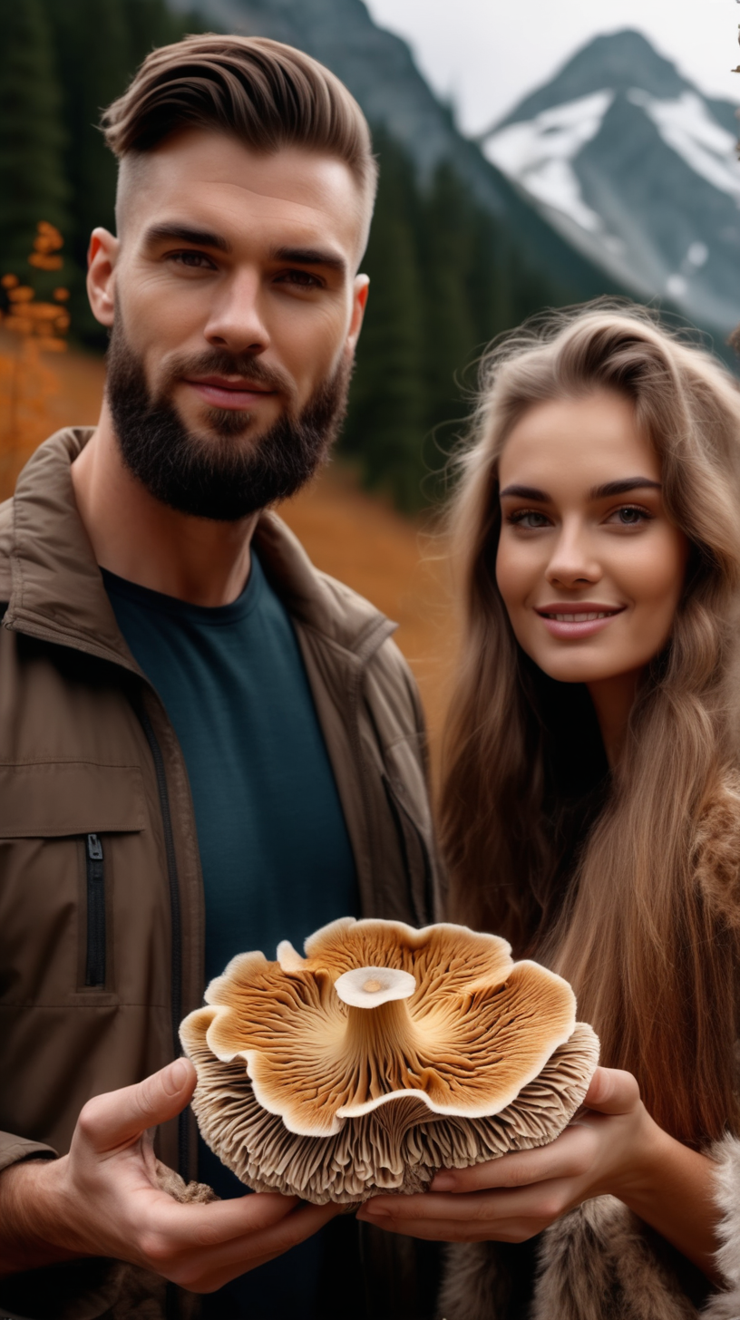 handsome man and beautiful woman with mountains of mushroom extract around them holding lions mane mushroom 4k