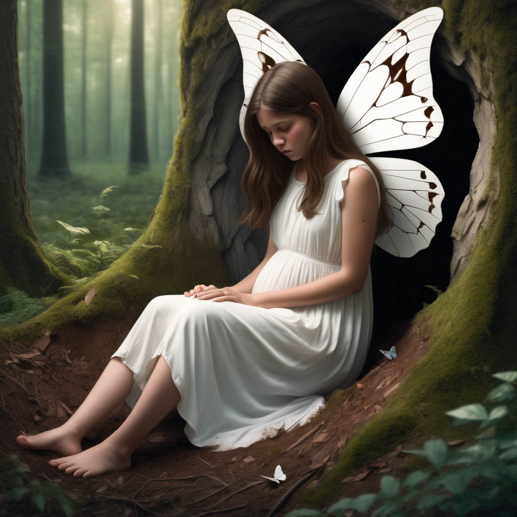 A teenage girl fell into a hole in a forest. she cradle into fetus position She had shoulder-length brown hair and a white flowy midi dress. His knee is bleeding. Her mother bent over her. Her mother looks like a fairy. her mother has butterfly on her back