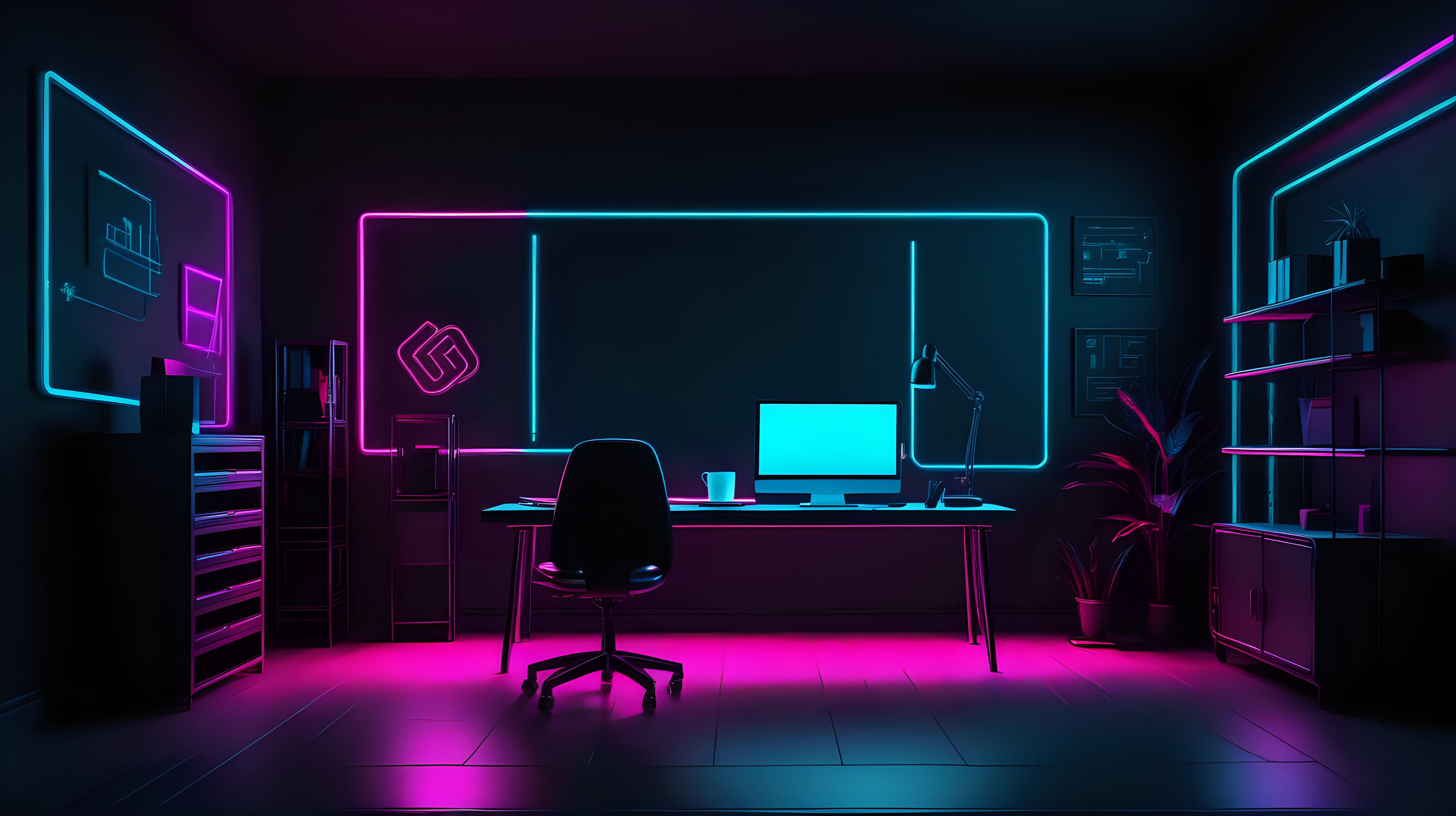 Dark minimalistic neon light room with some furniture