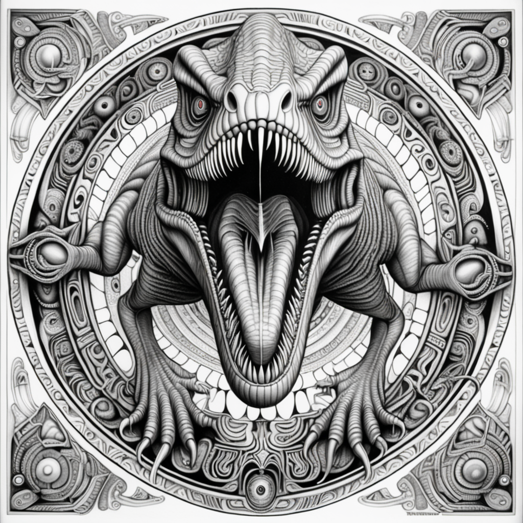 black & white, coloring page, high details, symmetrical mandala, strong lines, t-rex with many eyes in style of H.R Giger