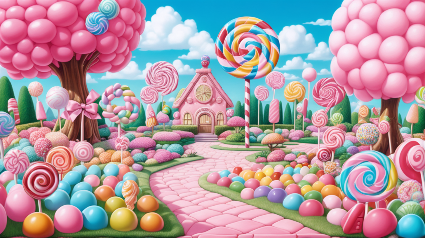 a garden that is made out of bubble gum, cotton candy and lolllipops cartoon anime style, similar to CandyLand