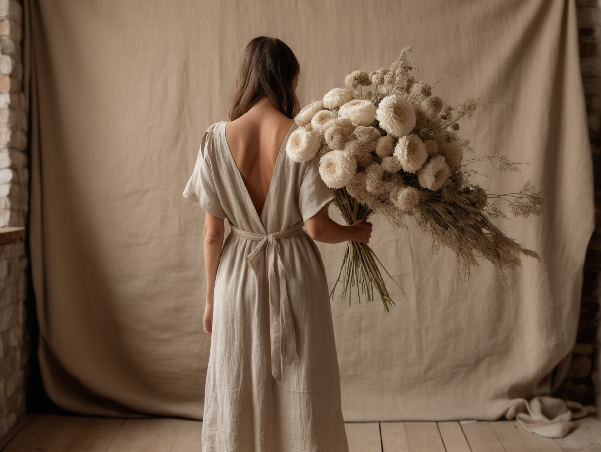 woman in organic linen dress from behind holding huge bunch of neutral flowers against a rustic linen backdrop