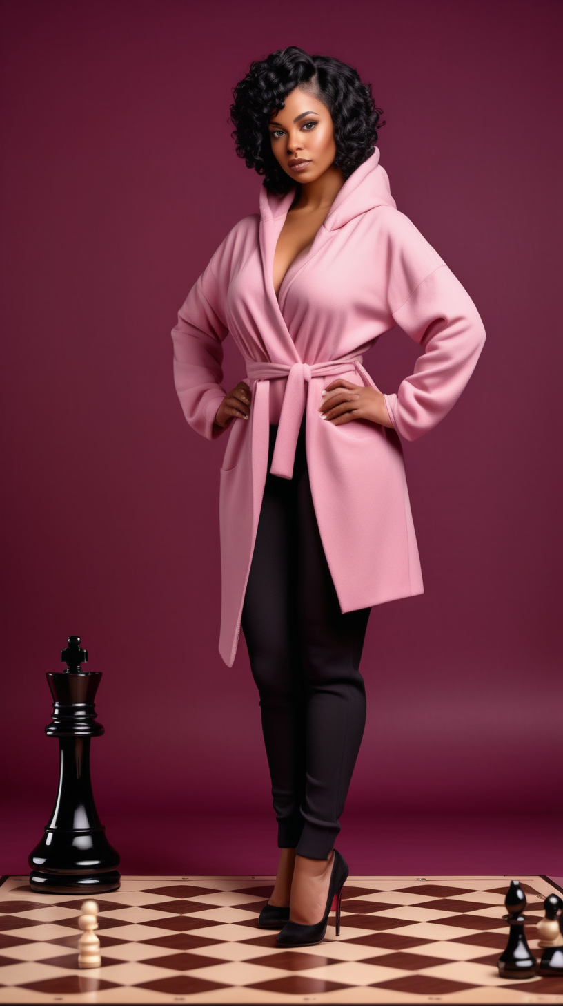  sexy black woman wearing short, curly black hair, wearing Vintage Pink, hooded wrap jacket, pant suit, standing next to, life sized Chess Pawn Deep Burgundy background. 4k, high definition, full resolution, replicated