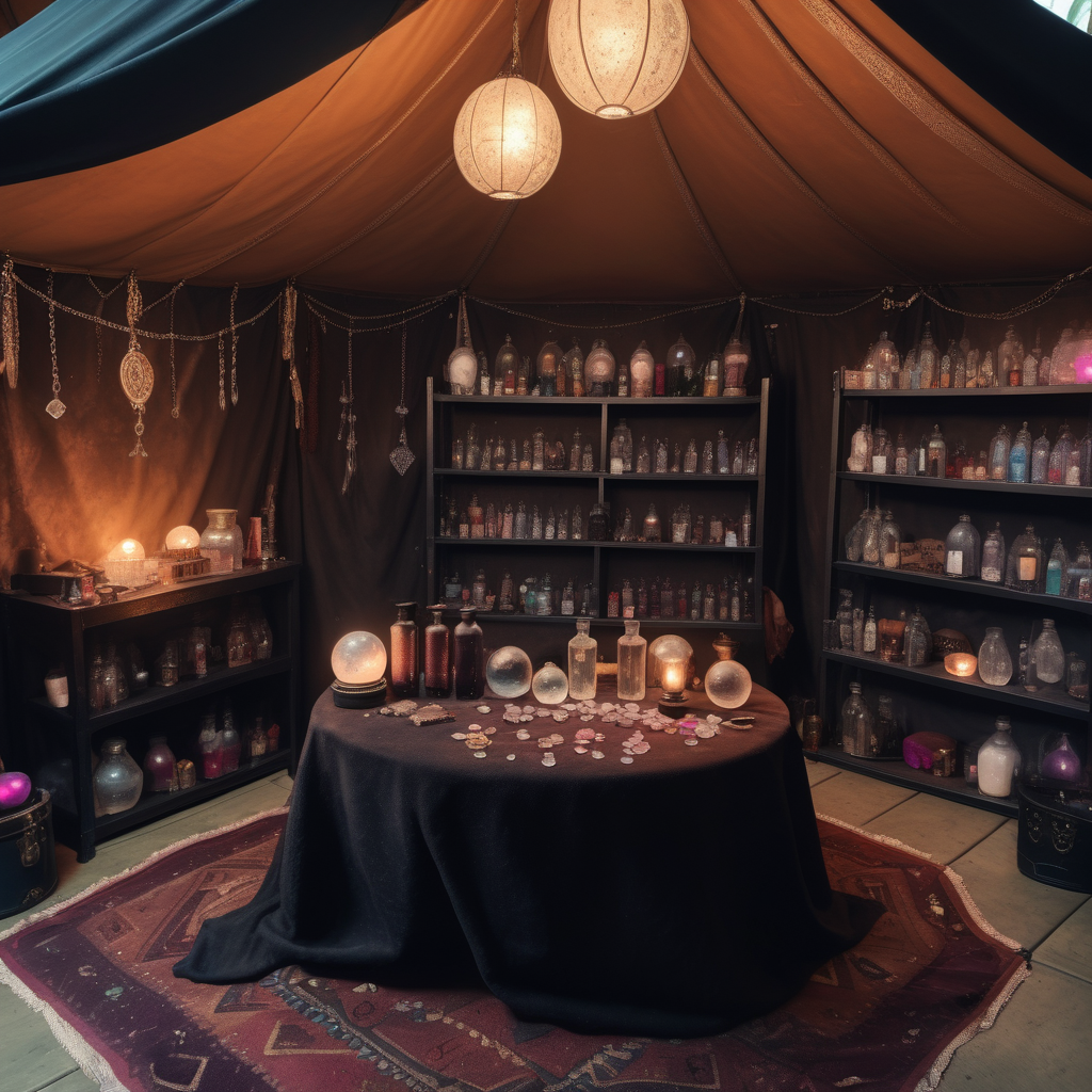 In a fortune teller tent. A table with crystal balls and potions on the shelves. The witchcraft. a leather bag of round crystals to make a bracelet. The tent is dimly lit. There are cushions on the floor around the table.