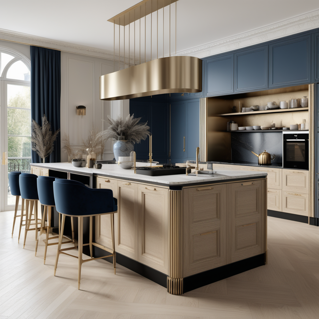 A hyperrealistic image of a luxurious, grand  modern Parisian kitchen with island in a beige oak brass colour palette with accents of black and muted blue