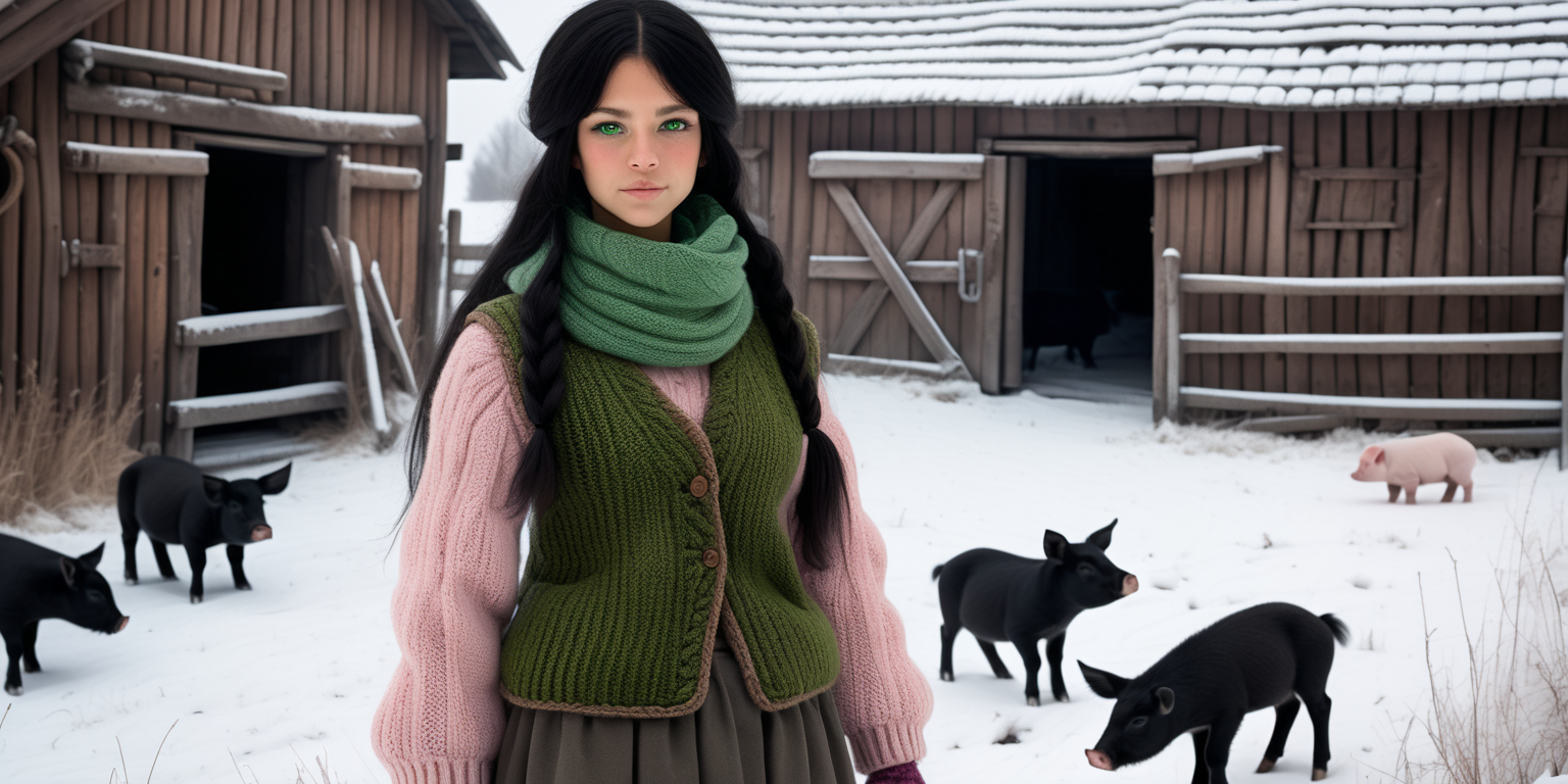 A beautiful peasant woman with long black hair and green eyes works in the pen in front of the barn. Around her are piglets - small and pink. Everything is in mud. The barn is surrounded by a fence of old wooden posts and wire mesh. It's winter, everything is covered with a thick layer of snow. Mud and snow mix. The peasant woman has put on low to the ankle black rubber shoe on her feet. Brown coarsely knitted woolen socks stick out from them - up to the middle of the leg and. On top of them, to keep her warm, she has put on green - brown, very wrinkled and crumpled woolen knitted gaiters. It is worn with thick elastic leggings, over it there is a shotr knitted skirt in black and brown. A chunky brown-gray wool sweater with a chin-high collar is snug around her. over it she wore an off-white furry sleeveless sweater with a triangle neckline. Above all this is a short  quilted waistcoat in green which is unbuttoned. On his head he wears a thick knitted woolen gray hat - an ushanka. He also has a thick scarf sloppily draped around his neck. He also wears gray knitted woolen fingerless gloves. across the waist, a thin hemp rope is wrapped 2-3 times.