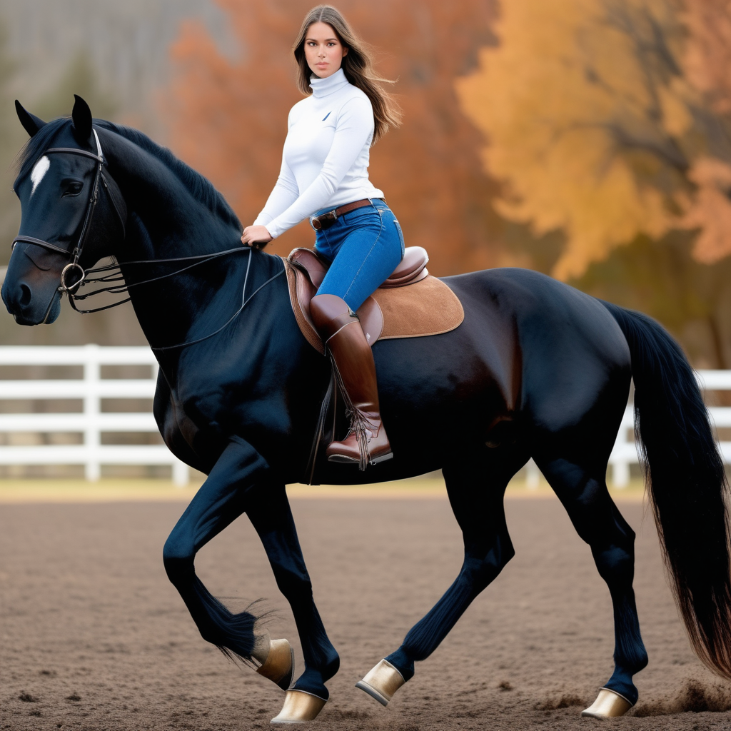 Using the same background in each frame, Emily Feld wearing a white polo neck and blue jeans and long brown riding boots riding a black horse