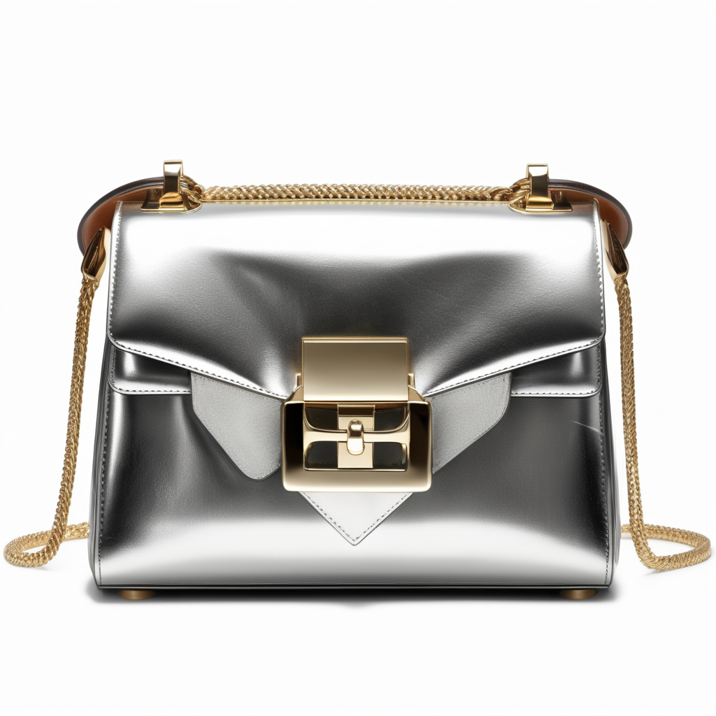 Neoclassic inspired luxury small  bag with flap and metal buckle- metalized leather -geometric shape - frontal view 