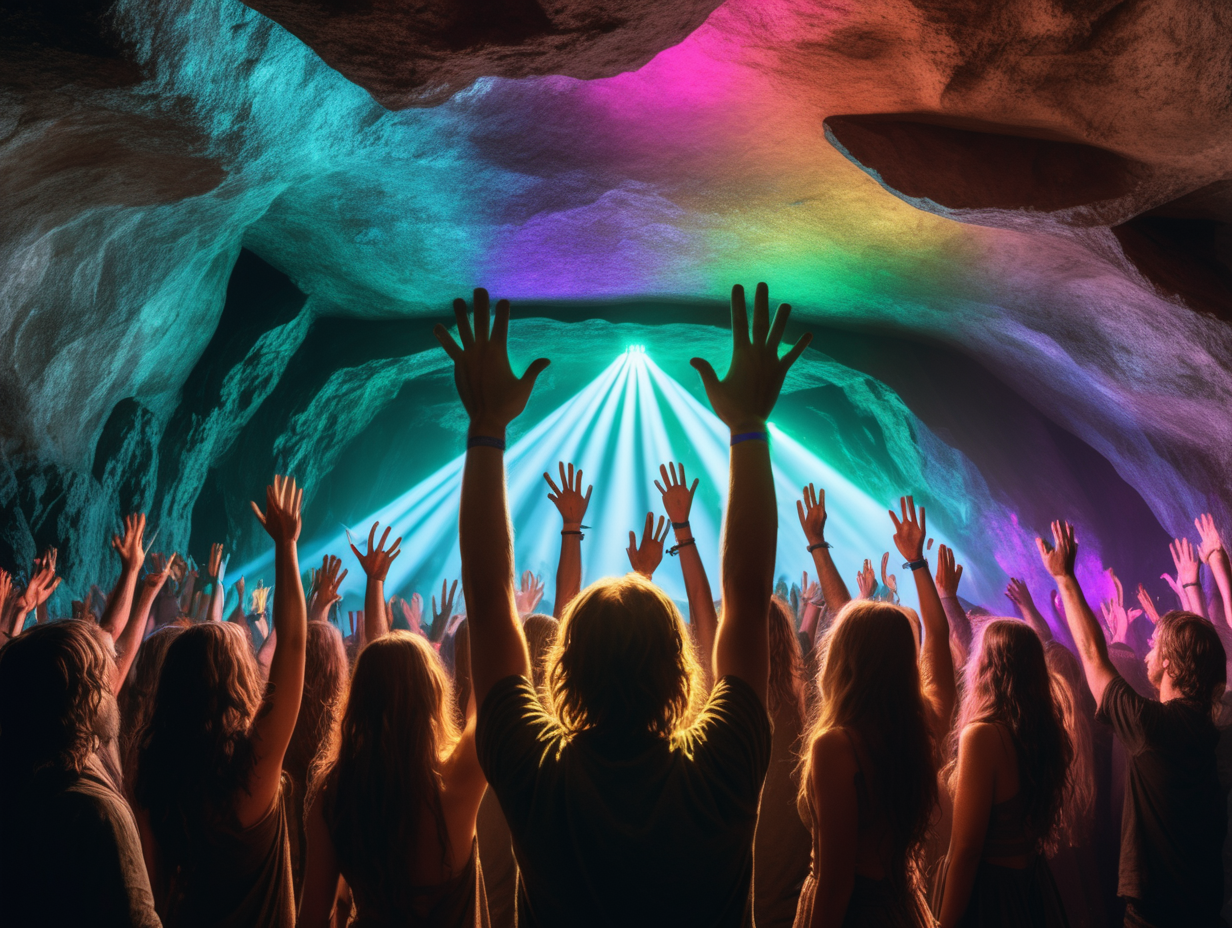rave in a cave in the lord of the rings universe prism spectrum light with people having hands in the air but with dj stand showing and speaker