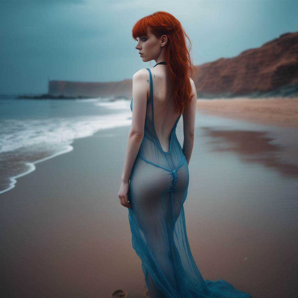 A photo of a cyberpunk beach. Only one girl is standing, She has her back to the camera and turns her head looking towards the camera. The girl is wearing a long Translucent alluring dress that reveals her body curves. a short blue dress what is made of a fabric which allows her skin to be seen through. redhead straight hair. She is looking back at the viewer with a sugestive look (almost inviting us to be there). The lighting in the portrait should be dramatic. Sharp focus. A perfect example of cinematic shot. Use muted colors to add to the scene.