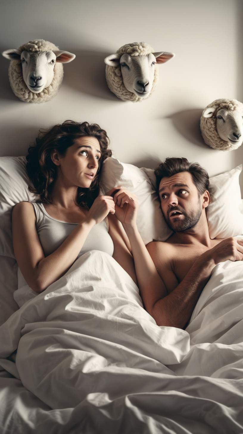 woman and man counting sheep in bed