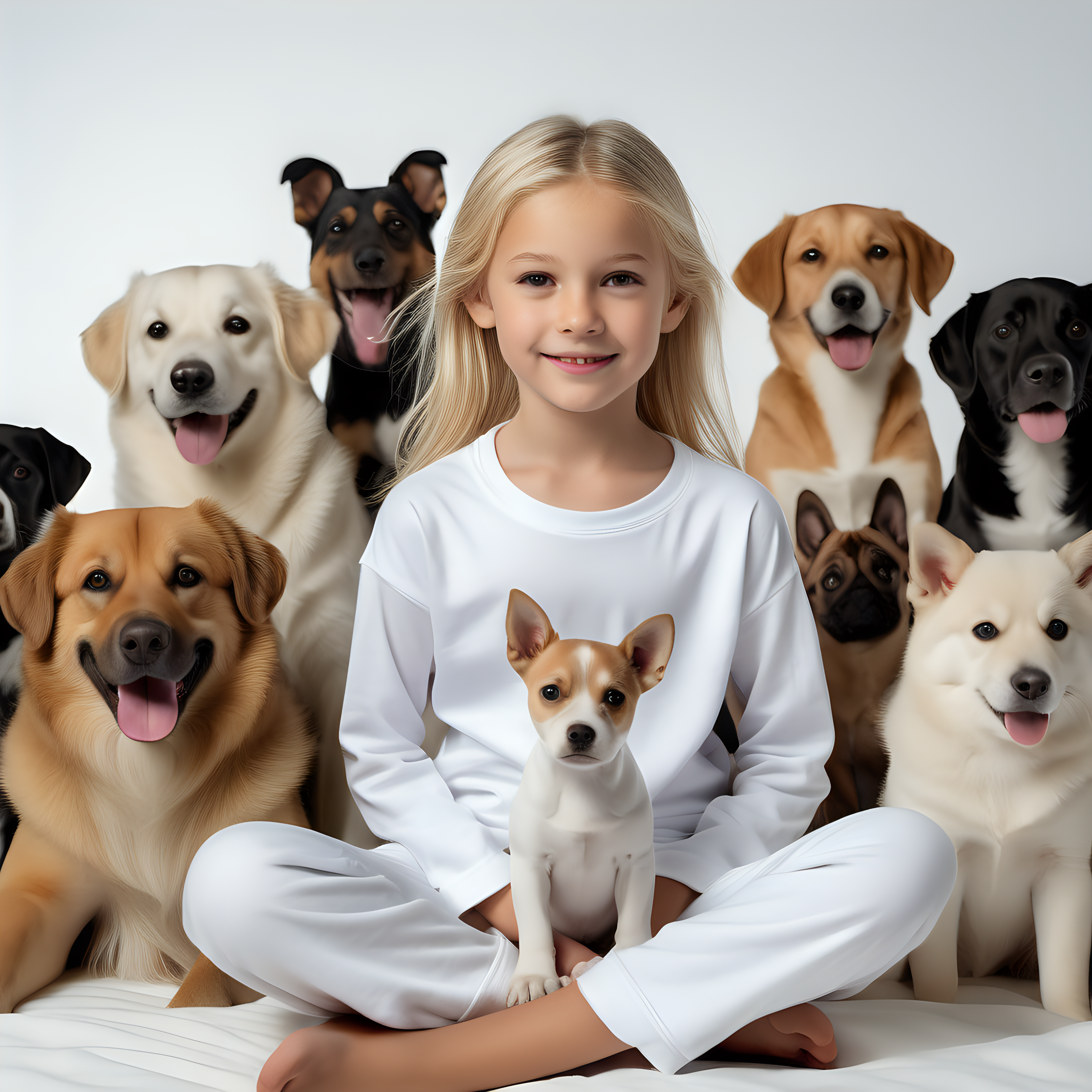 “Perfect Facial Features photo of a blonde 8 year old girl sitting in  white cotton tshirt pyjama with no print, long  tight cuff sleeves, loose long pants) ,surrounded by many different dogs, no background, hyper realistic, ideal face template, HD, happy, Fujifilm X-T3, 1/1250sec at f/2.8, ISO 160, 84mm”