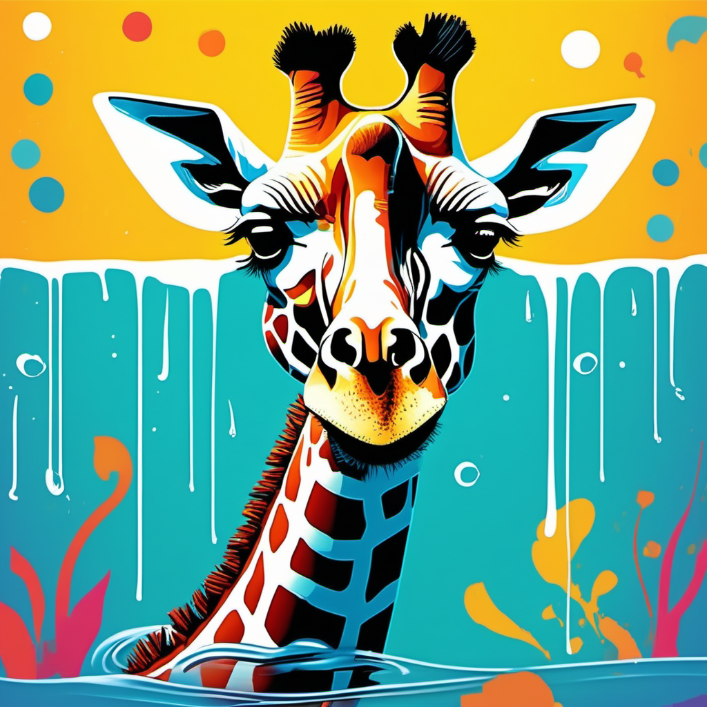 /imagine kids illustration, Giraffe in a  water,  Thick Lines, low details, vivid colour --ar 9:11