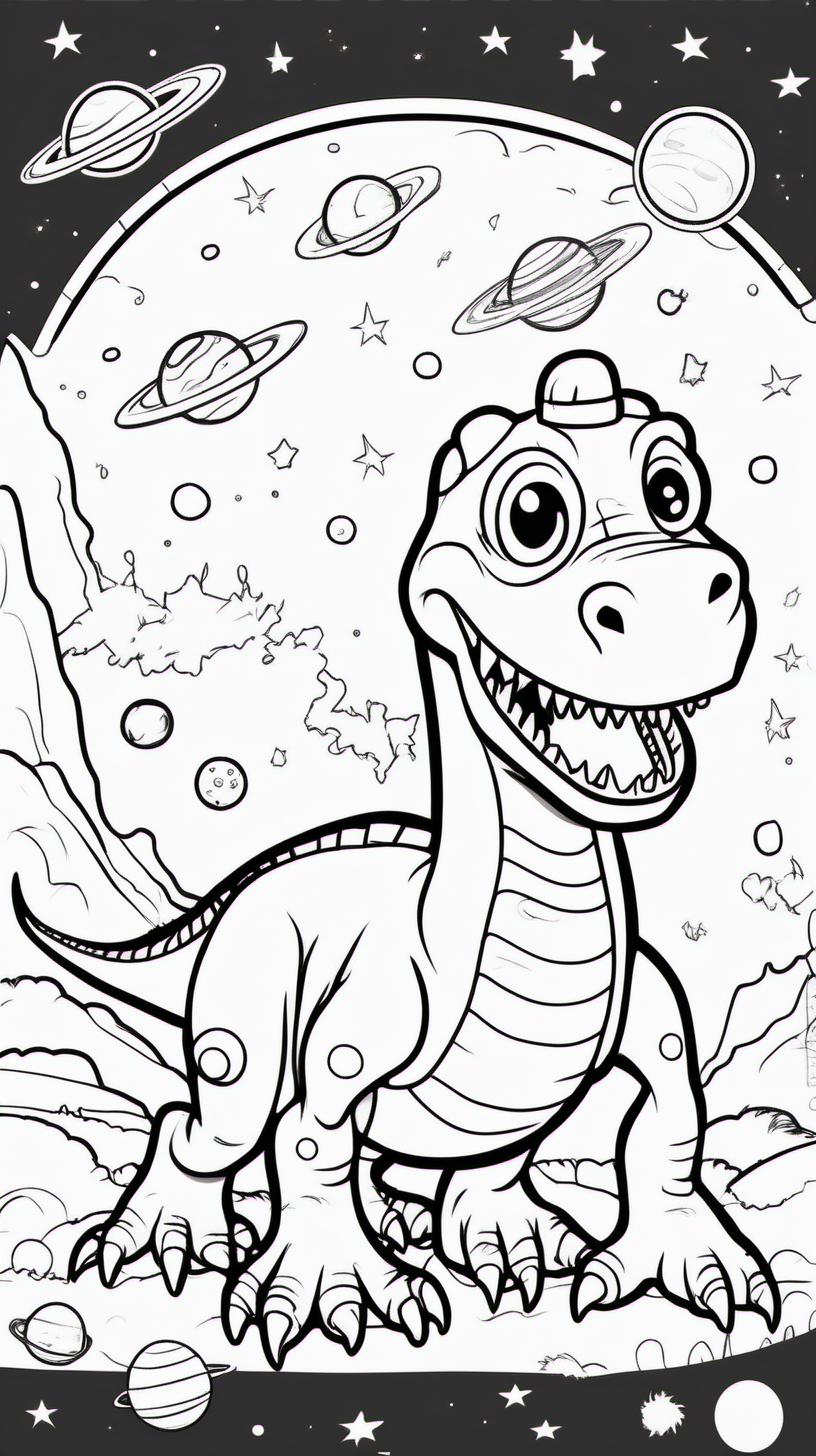 A funny coloring book for children about a dinosaur in space and planets. The background will be white and without shadows, and the drawing will be black with a thin line without shadows