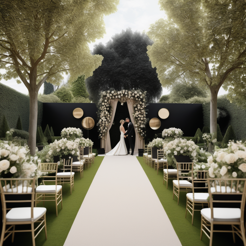 a hyperrealistic image of a grand Modern Parisian garden wedding in a beige oak brass and black colour palette surrounded by beautiful open gardens