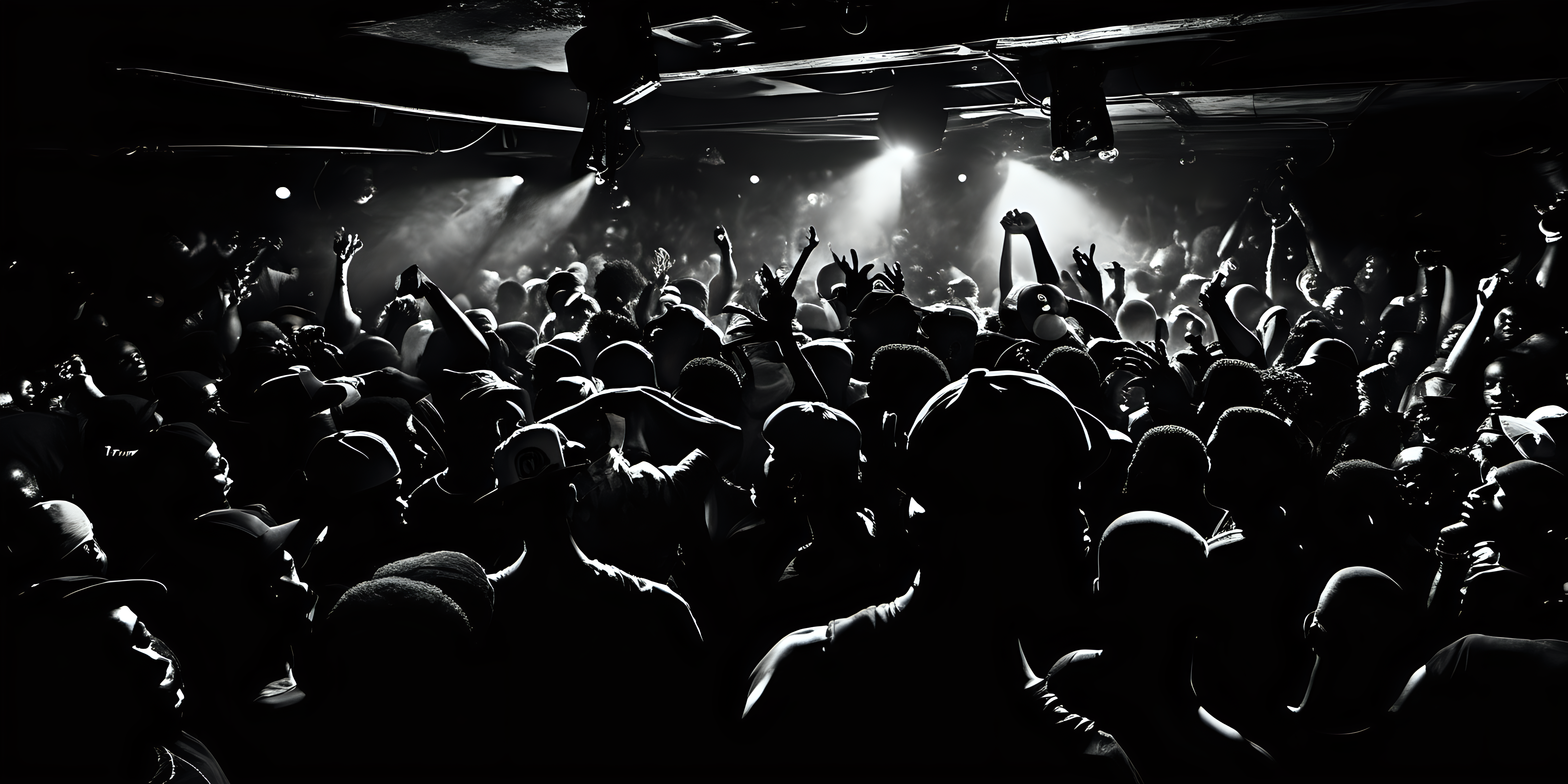 photograph of a crowded hip-hop club scene. Dark image. 