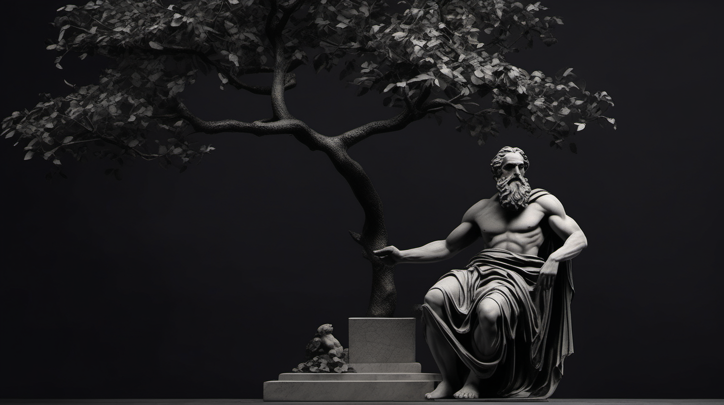 "Create a compelling visual representation of a Greek old man, manifested as a black stone statue. The scene should be set against a dark, cloudy background and feature the statue with well-defined muscles, long beard, and a cloth draped over one shoulder. Enhance the atmosphere by incorporating black tree leaves in the surroundings, maintaining an aesthetic reminiscent of ancient Greek artistry. Pay attention to the details and strive for a harmonious composition that evokes the timeless essence of classical Greek sculpture." Black dark cloud background with black tree leaves
