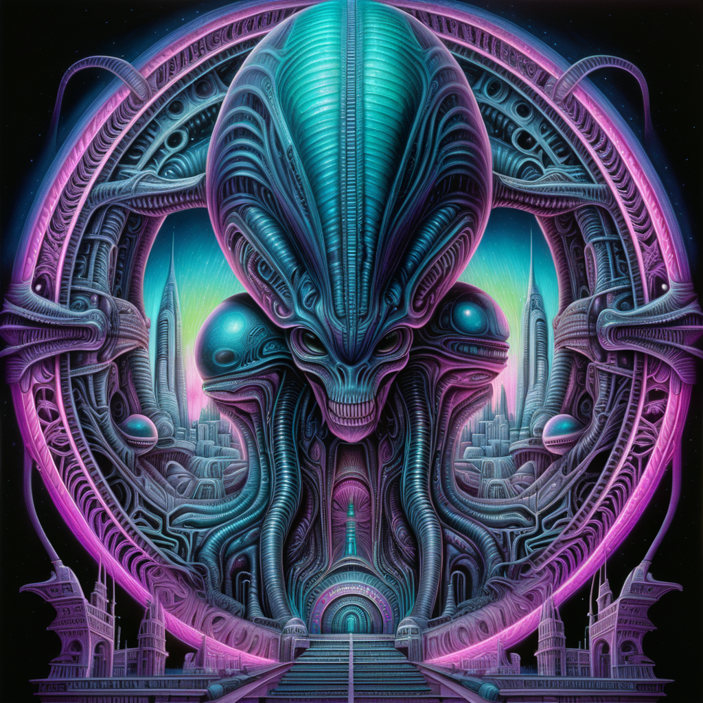neon colors, clear lines, detailed, symmetrical mandala, alien city in style of H.R Giger