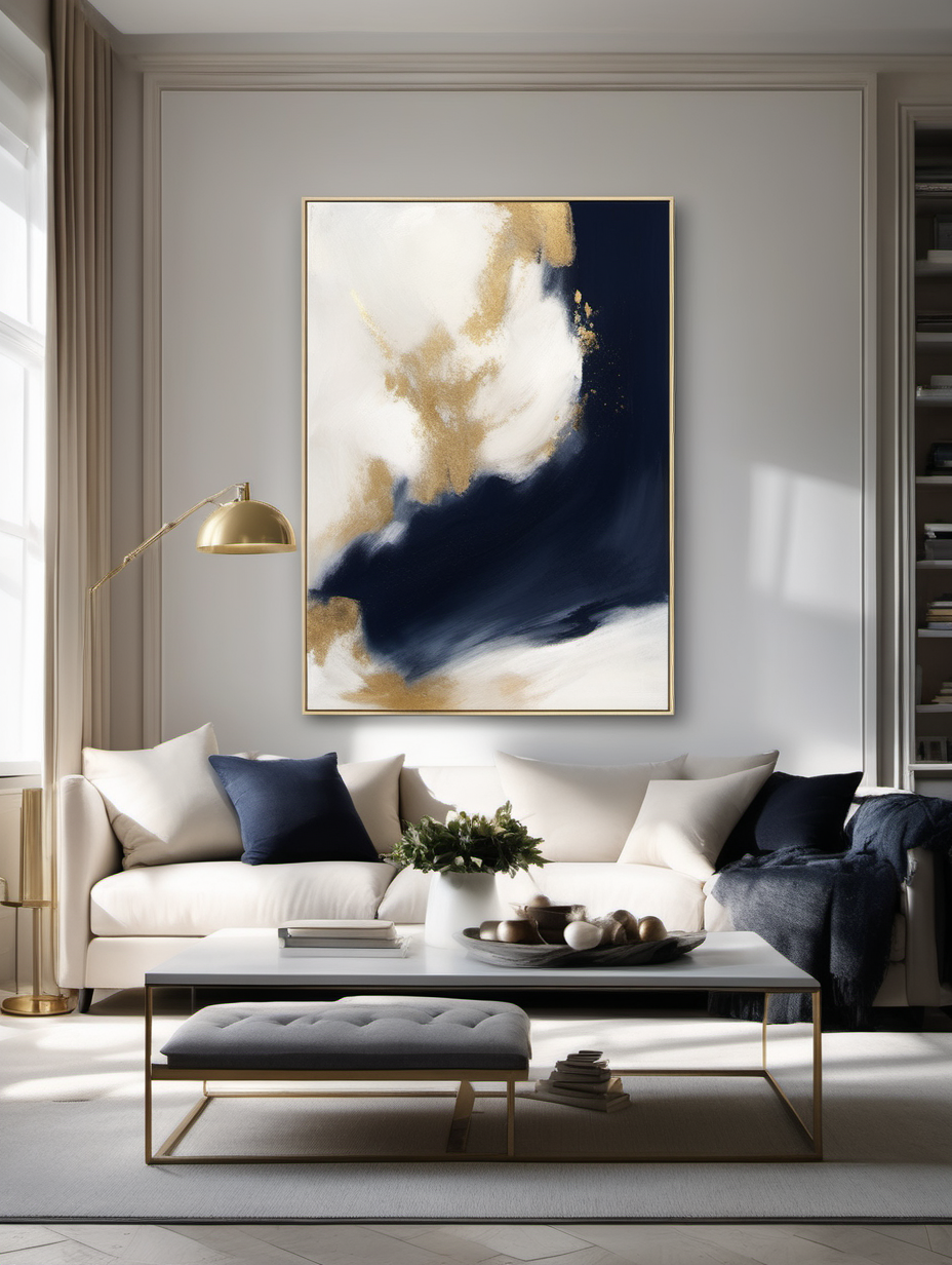 Incorporate 'Starlight', a stunning oil canvas, into a home setting, where its proportion can be scaled down to fit the scene. Envision this artwork, rich in navy, cream, and gold hues, against the backdrop of a brightly lit, minimalist home. The painting adds a touch of modern simplicity, enhancing a living space that exudes a bright, contemporary, and uncluttered atmosphere.