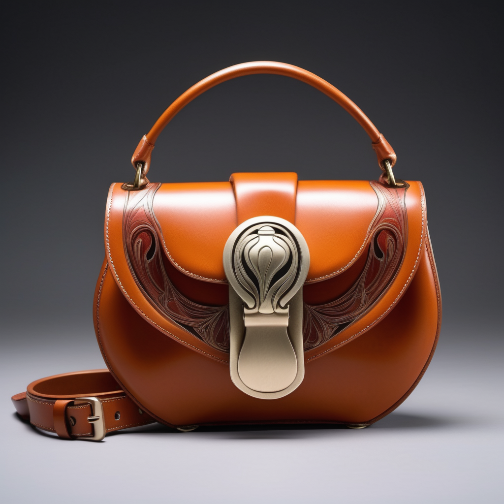 Art nuoveau inspired luxury small leather bag with flap and metal buckle- rounded shape - frontal view