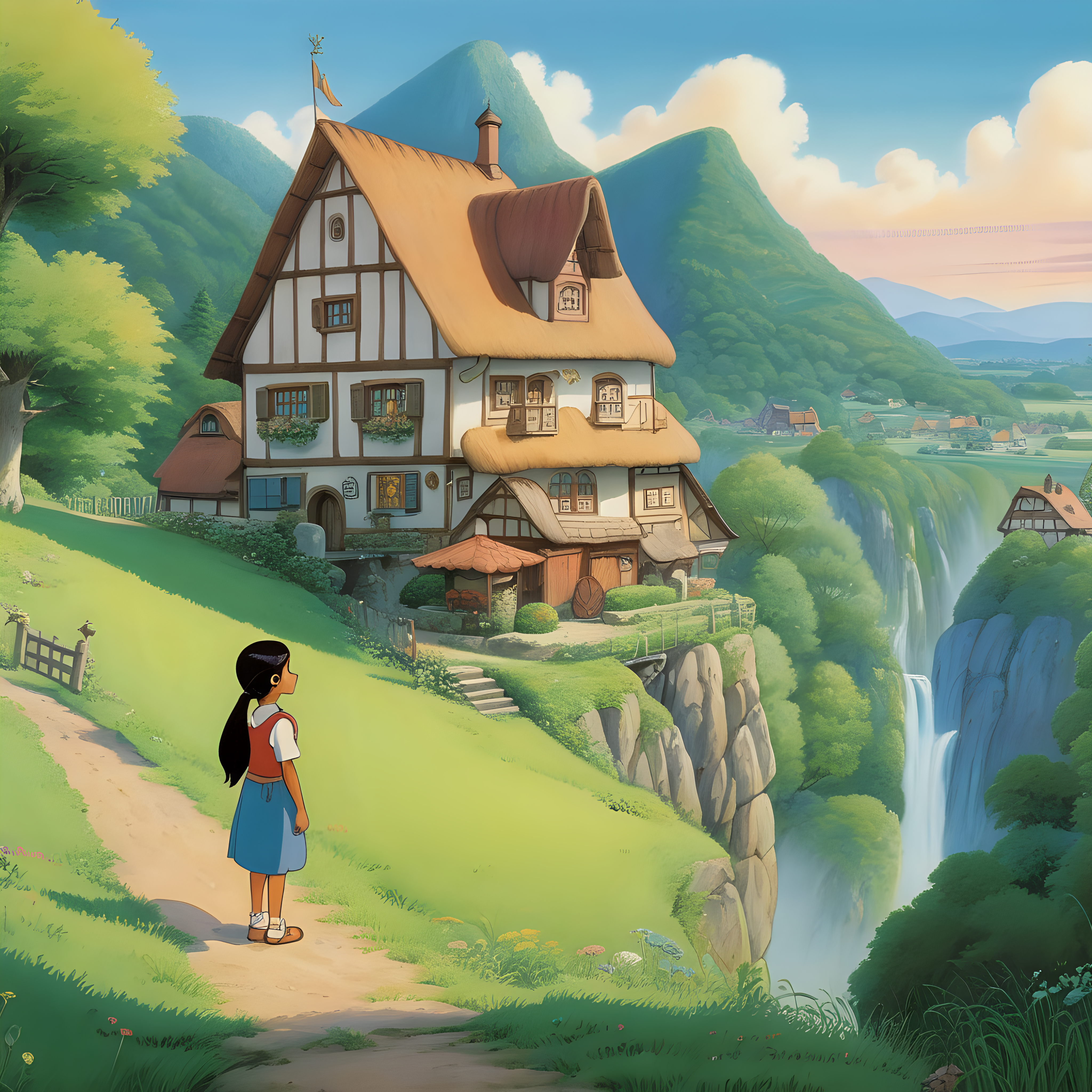 A fairy tale landscape of a young Indian girl living in Germany, Hayao Miyazaki style