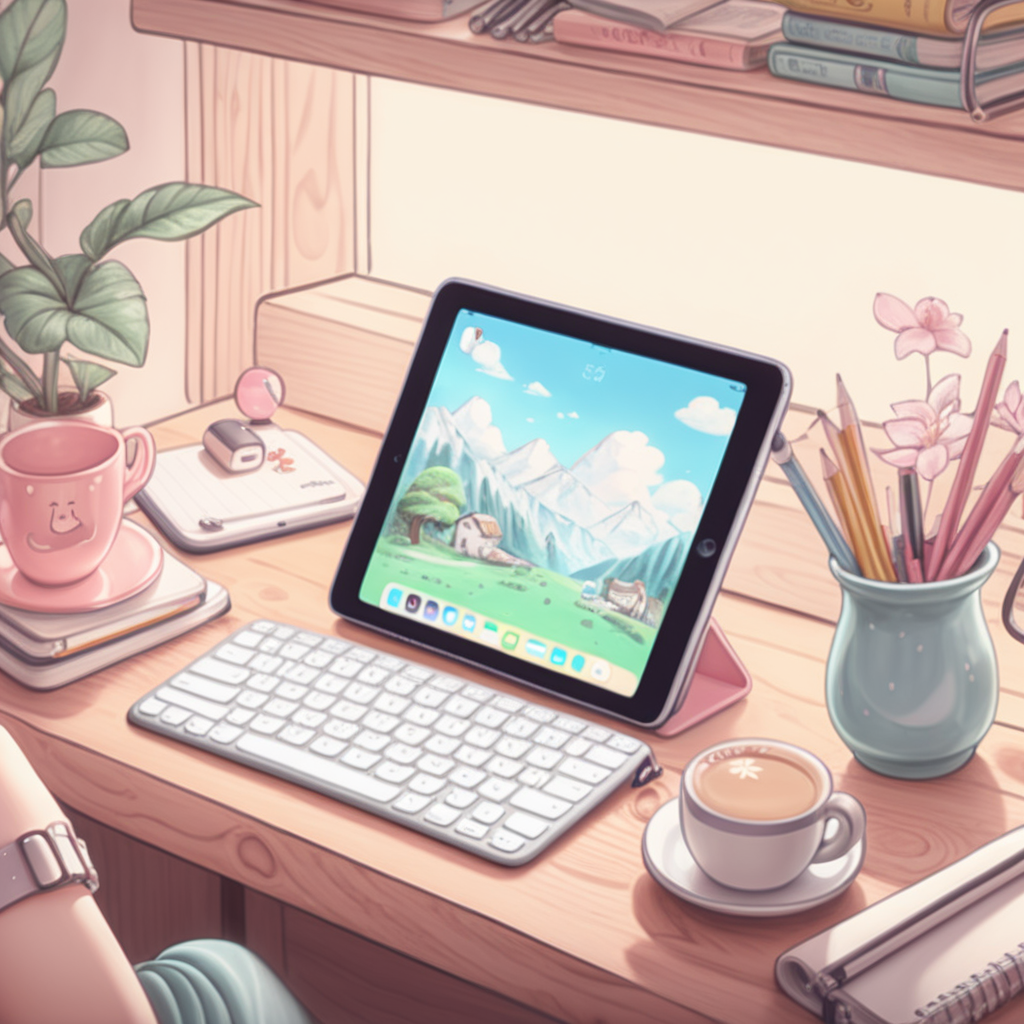 cute iPad desk scene hand drawn anime lofi