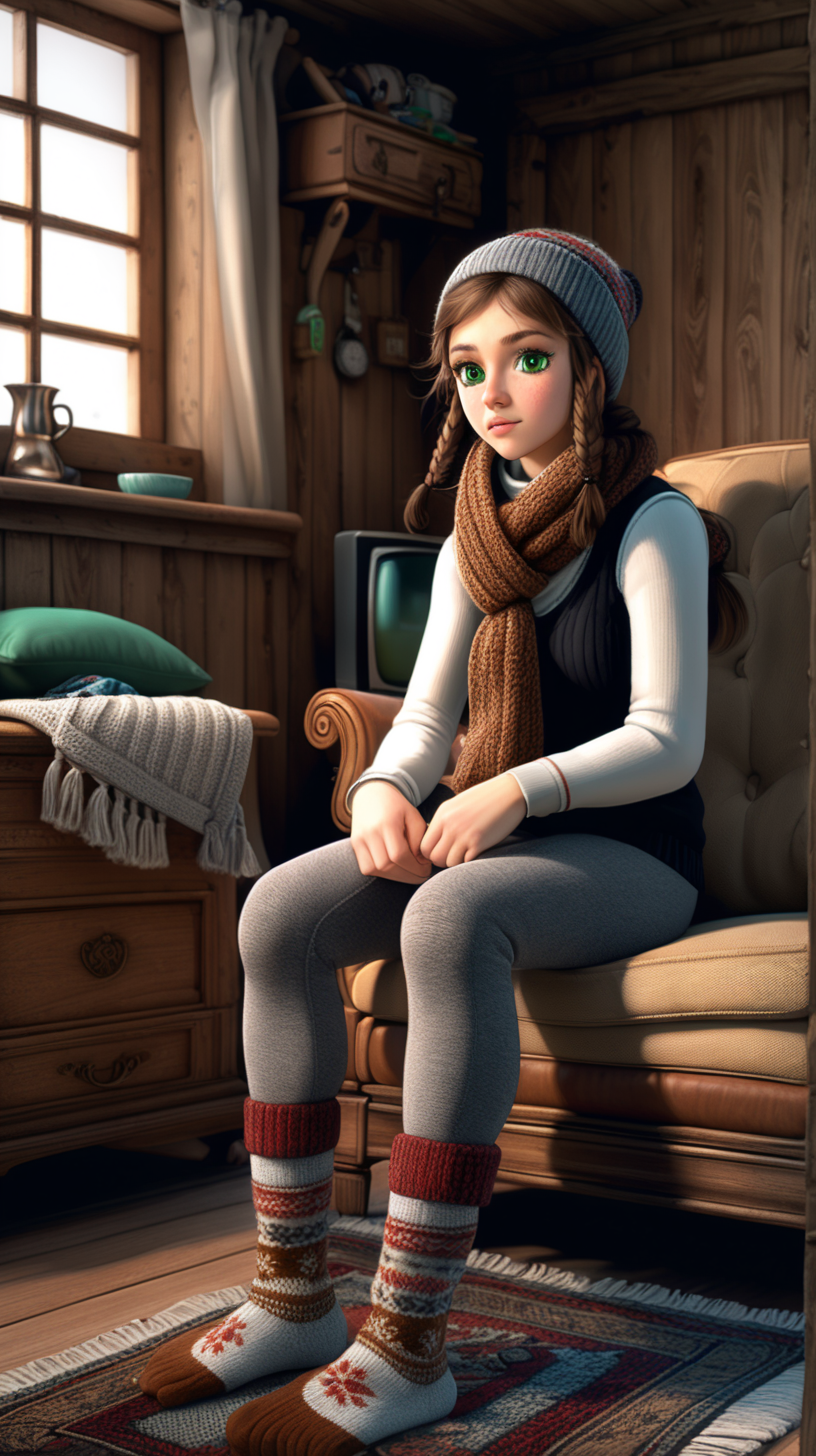 Village 30 years old women. Long ponytile tied hair, green eyes. She is dressed very thick in a country style - with thick hand knitted gray and brown woolen socks. She wears black tight black thermo leggings. She wearing brown sweater with a high collar . She is wearing a white sleeveless sweater over it. She has a scarf wrapped around her neck. A thick knitted hat on the head. Knitting alone on the floor in the old and wooden house. Around her is an old sofa covered with a rug. There is a black and red traditional rug on the ground. Her bed is behind her - an old one with a spring and a metal frame. A television with a kinescope looks out from an old wooden cabinet. The windows of the house are frosted over - you can see a lot of snow outside. It's night.
