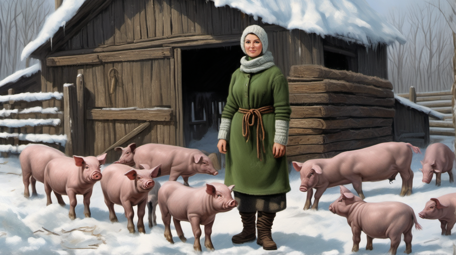 A beautiful peasant woman with long black hair and green eyes works in the pen in front of the barn. Around her are piglets - small and pink. Everything is in mud. The barn is surrounded by a fence of old wooden posts and wire mesh. It's winter, everything is covered with a thick layer of snow. Mud and snow mix. The peasant woman has put on low rubber boots on her feet. Brown coarsely knitted woolen socks stick out from them - up to the middle of the leg and. On top of them, to keep her warm, she has put on green - brown, very wrinkled and crumpled woolen knitted gaiters. It is worn with thick elastic leggings, over it there is a knitted skirt in black and brown - sukman. A chunky brown-gray wool sweater with a chin-high collar is snug around her. over it she wore an off-white furry sleeveless sweater with a triangle neckline. Above all this is a quilted waistcoat in green which is unbuttoned. On his head he wears a thick knitted woolen gray hat - an ushanka. He also has a thick scarf sloppily draped around his neck. He also wears gray knitted woolen fingerless gloves. across the waist, a thin hemp rope is wrapped 2-3 times, which he uses for a belt.