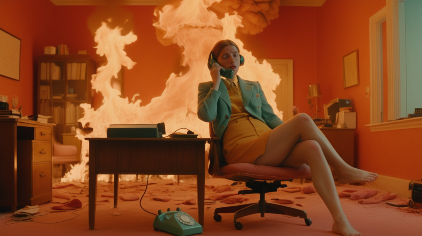 A woman talking on the phone with her feet up on a desk in a room engulfed in flames in the style of a wes anderson film
